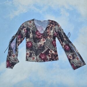 Vintage 90s y2k Blouse Hippie Top Flower Print Suede Tue Strings Bell Sleeve 90s
